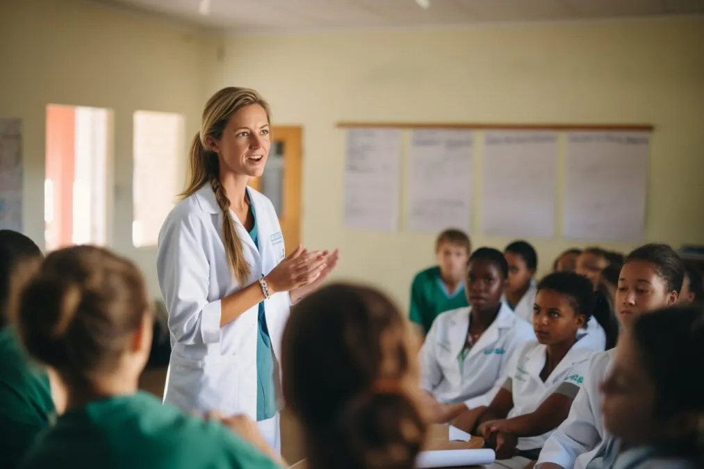 Nurse Practitioner Educating Students On Wellness Practices In A School Setting