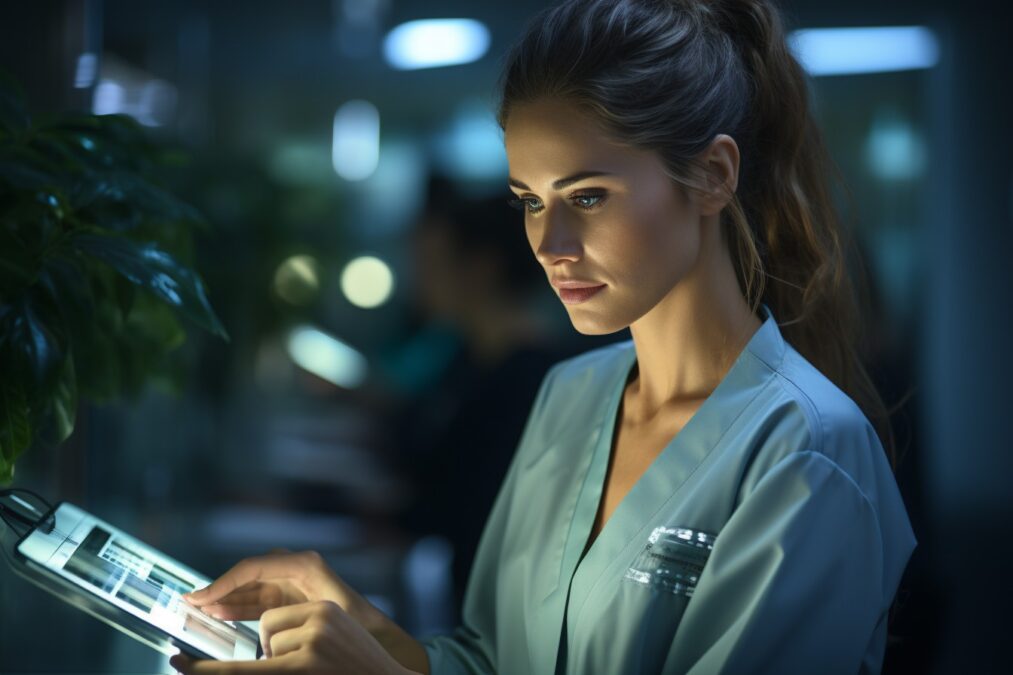 Nurse interacting with advanced medical technology