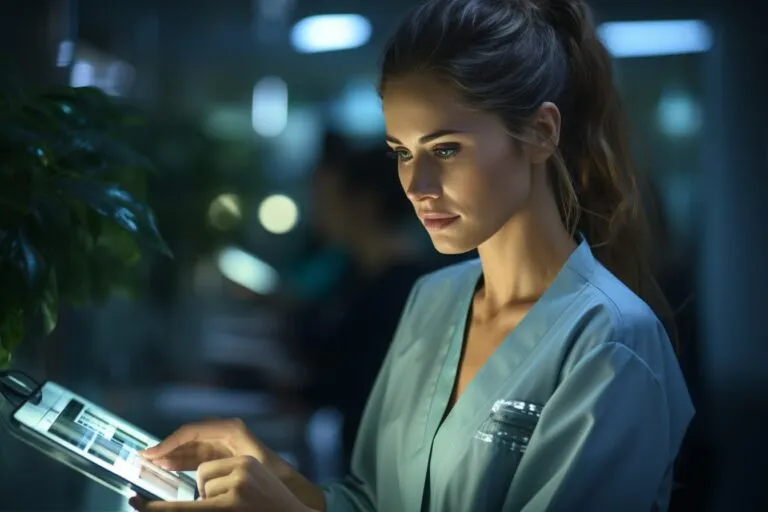 Nurse interacting with advanced medical technology