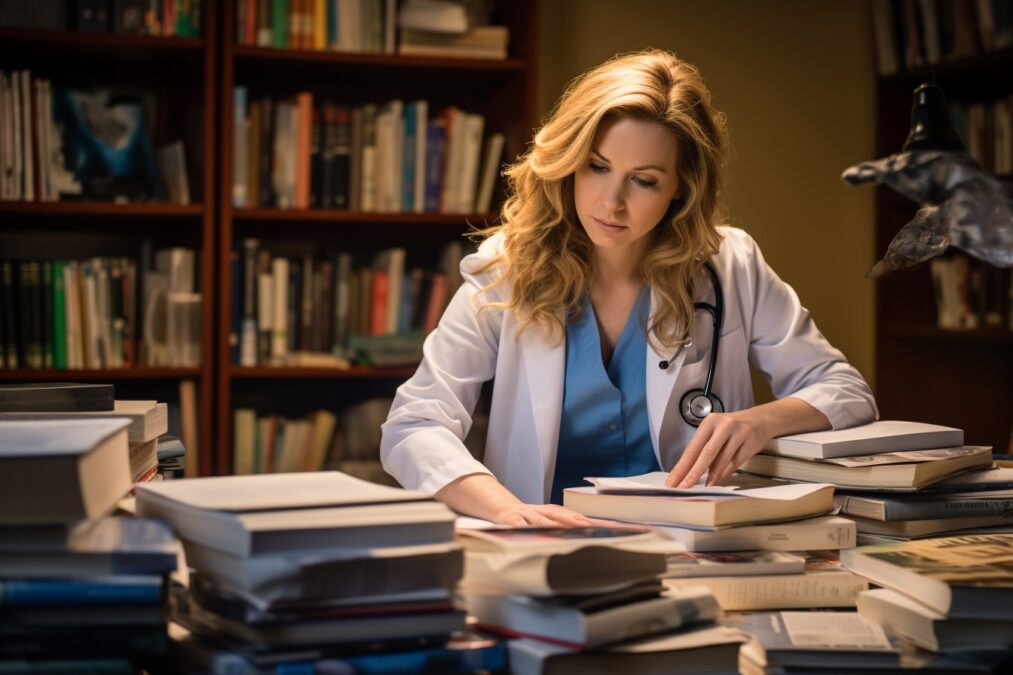 Nurse reviewing research papers 3