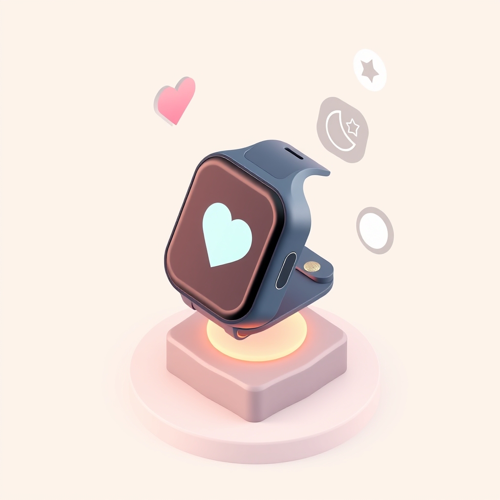 Isometric illustration of a smartwatch and fitness tracker with floating heart-rate, sleep, and oxygen icons