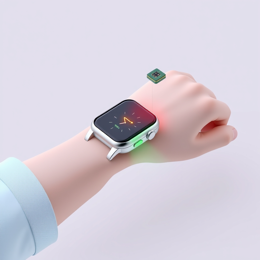 Isometric cutaway of a wrist wearing a smartwatch with optical sensor light beams and an accelerometer chip