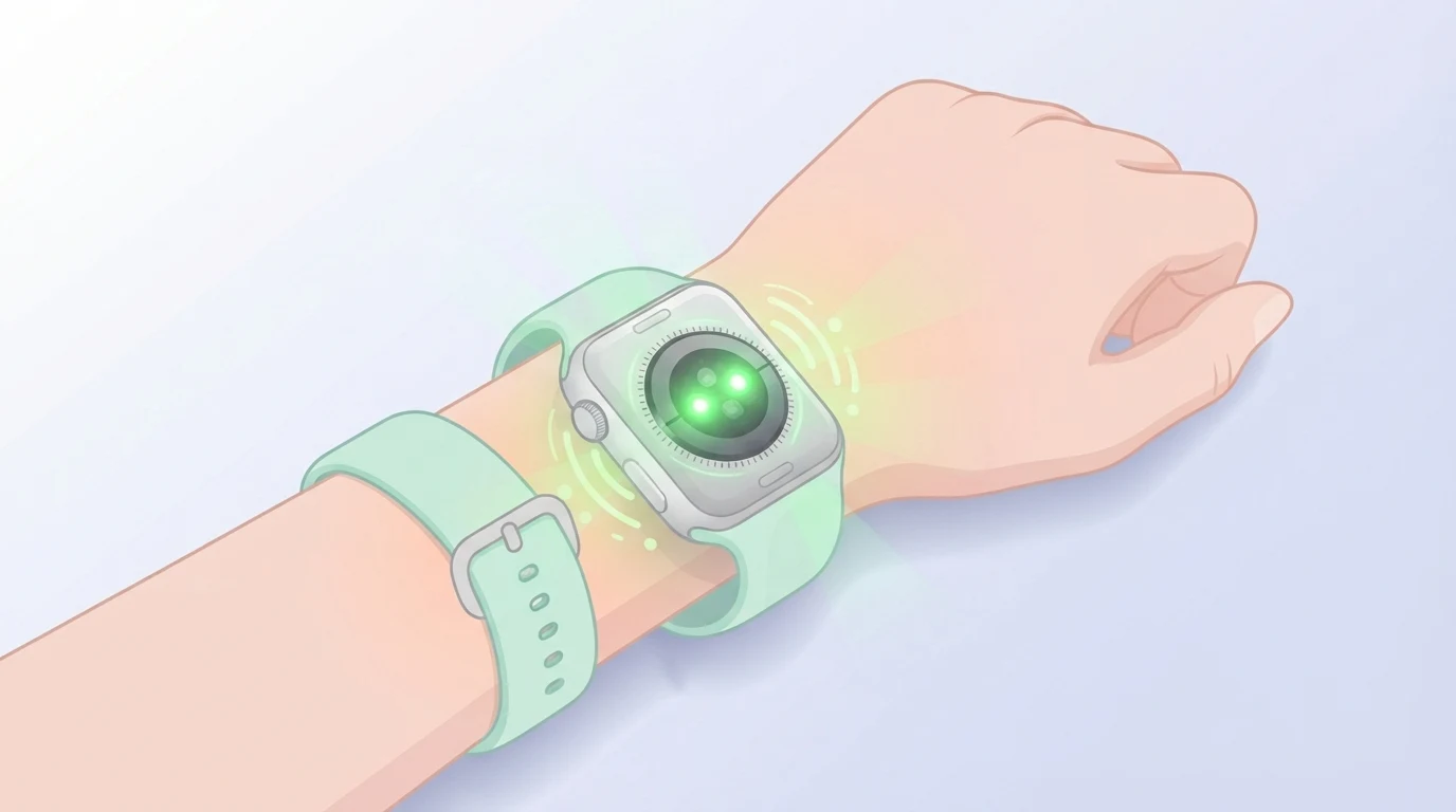 Smartwatch optical PPG heart rate sensor glowing green on a wrist