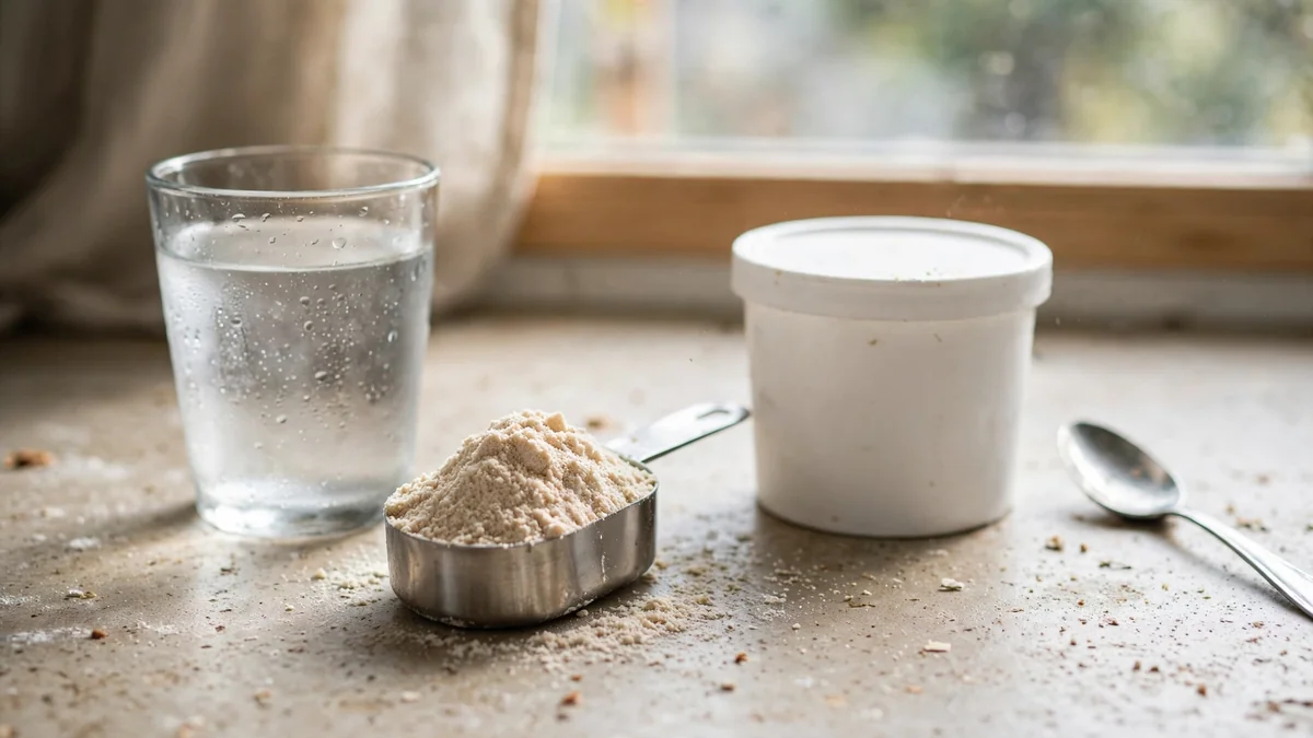 Glass of water and scoop of psyllium fiber powder on a kitchen counter
