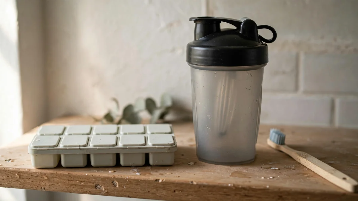 Fiber supplement shaker and pill organizer on a bathroom shelf