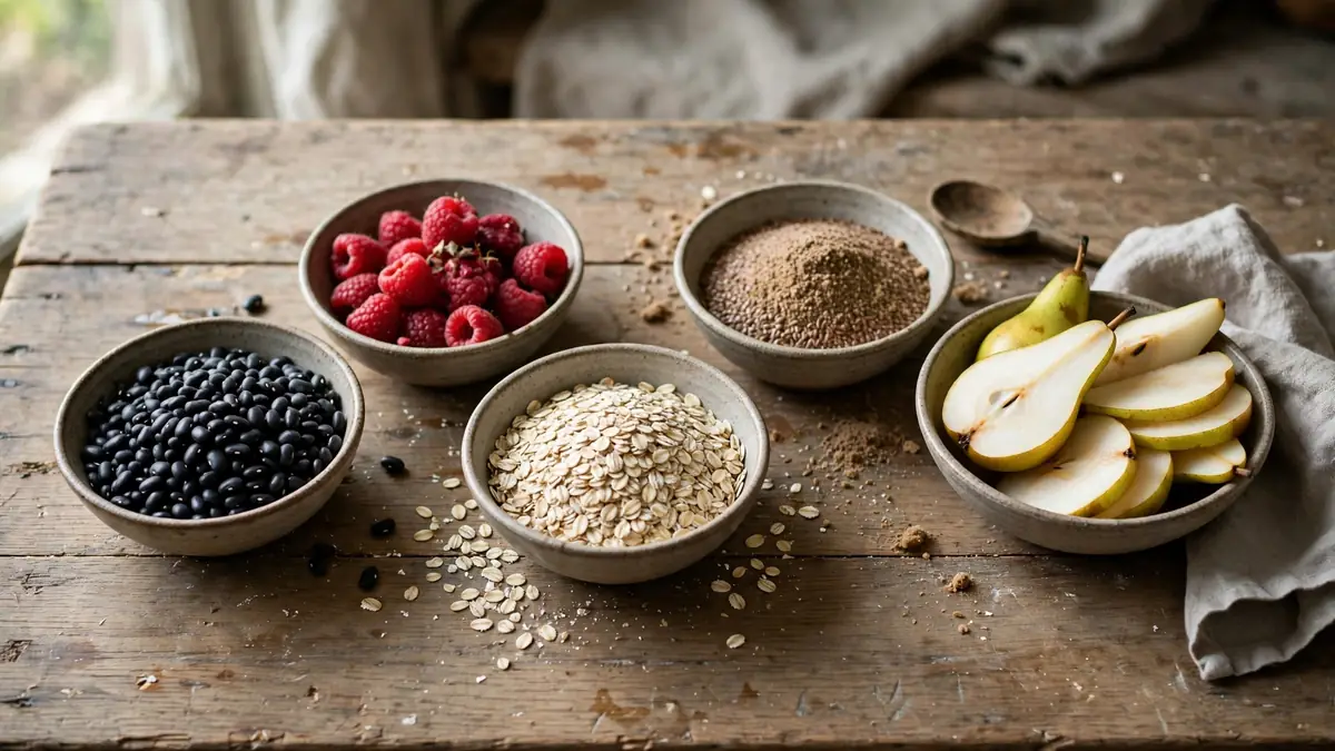 High fiber foods including beans, berries, oats and pears on a table