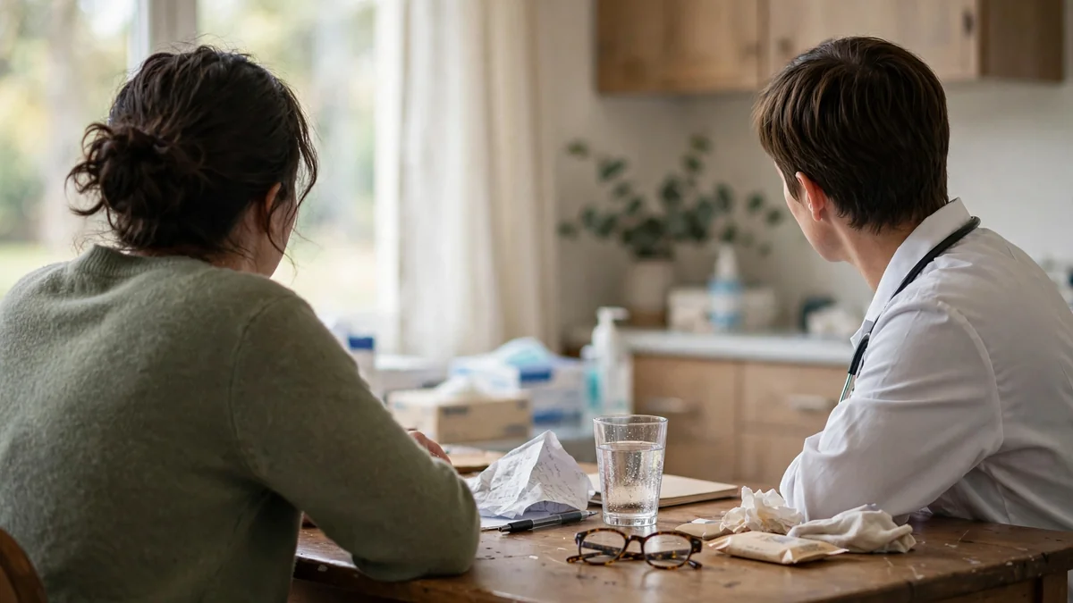Patient discussing persistent constipation with a clinician in a consultation room