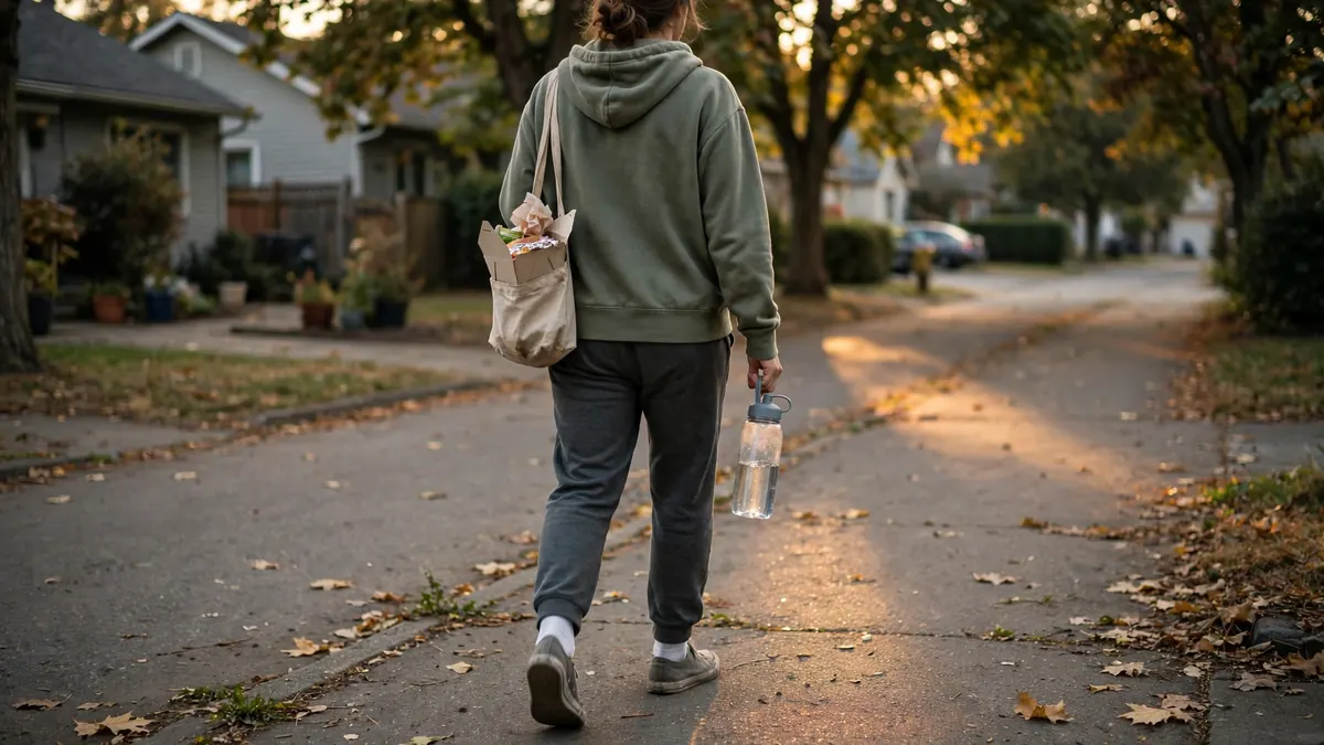 Person walking after a meal with a water bottle to support digestion