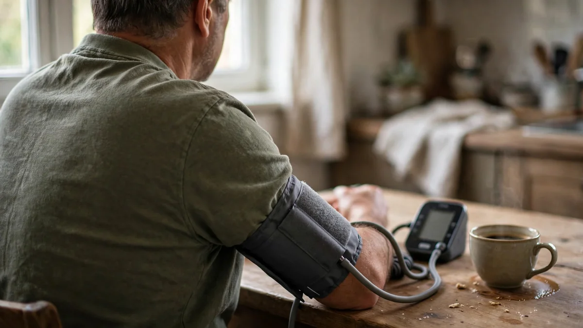 Man measuring blood pressure at home with an upper arm cuff