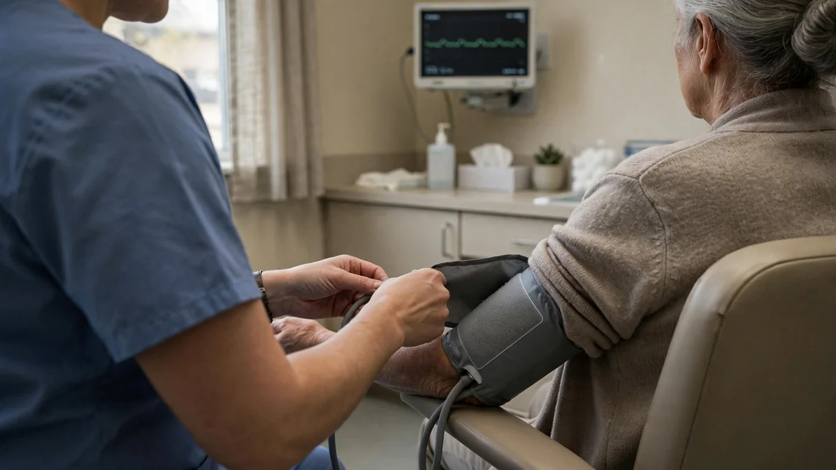 Nurse taking an older woman's blood pressure in a clinic