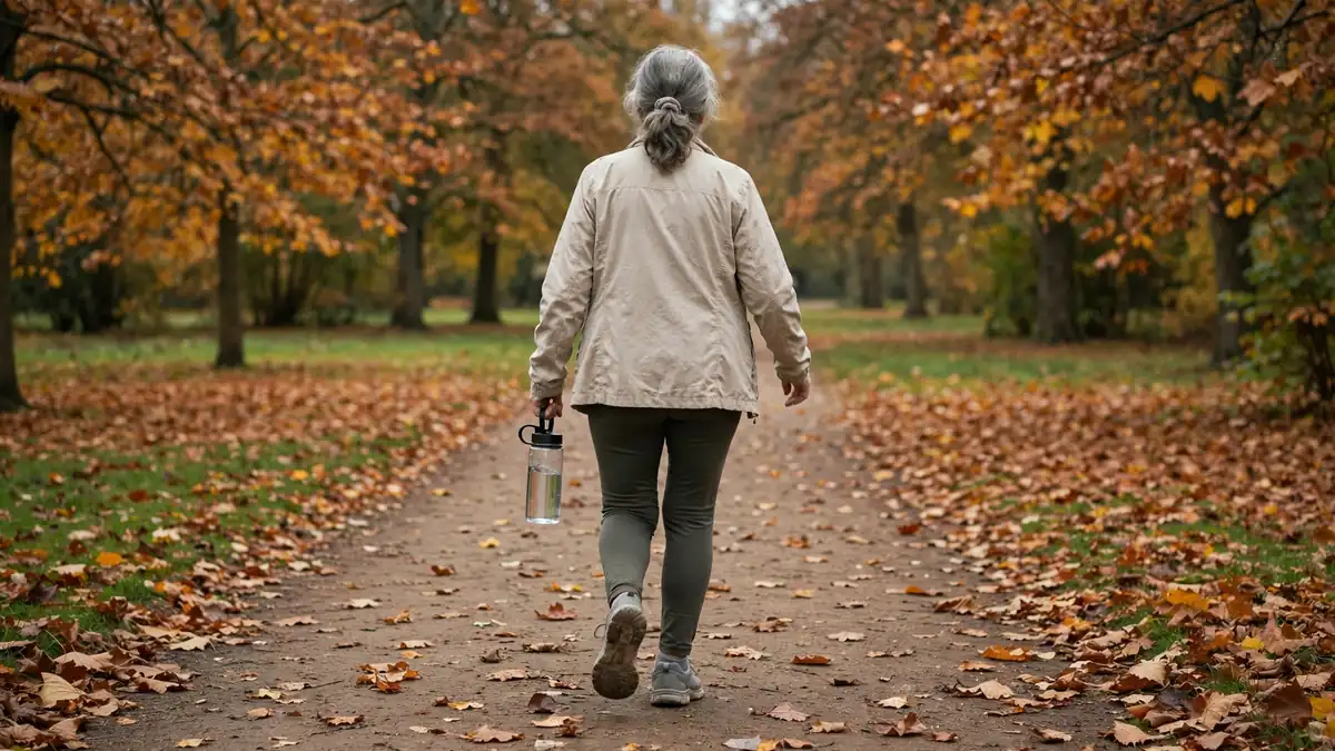 Older woman walking briskly outdoors on a park path