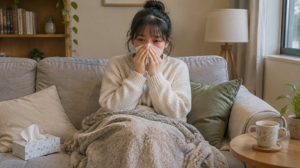 Person with a tissue at their nose on a sofa
