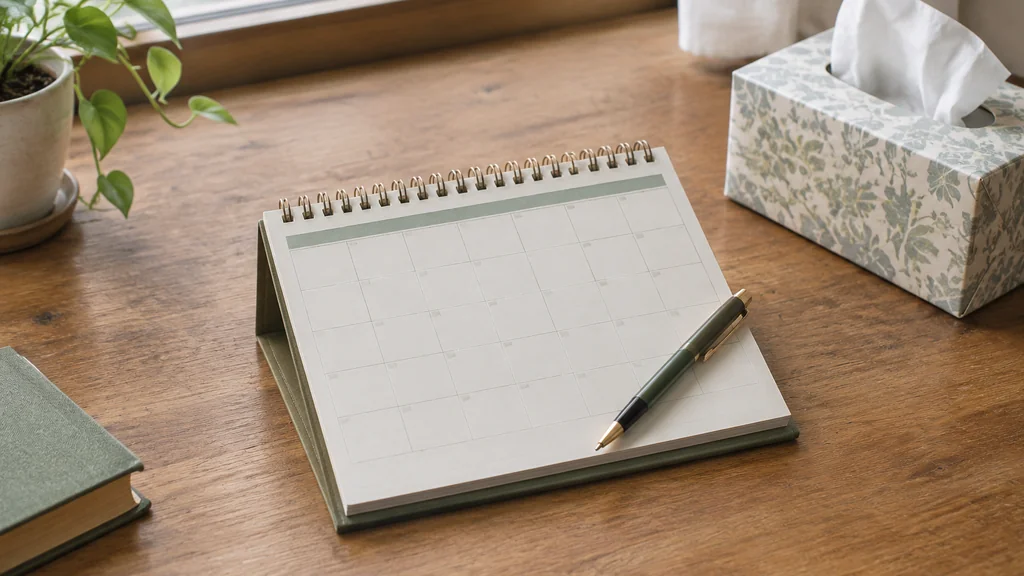 Calendar and tissues on a desk tracking symptom days