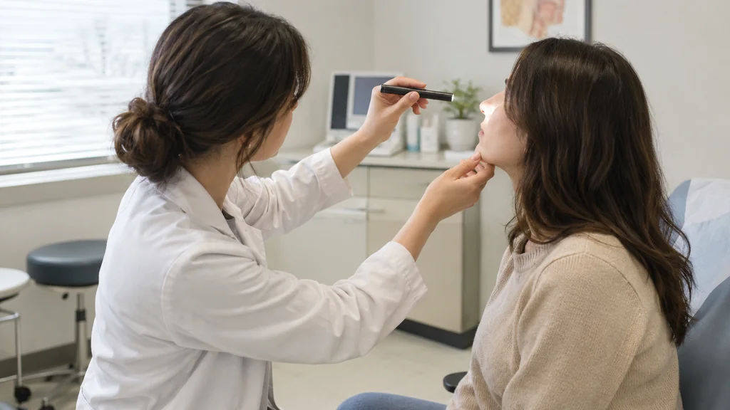 Doctor examining a patient's nose in a clinic room