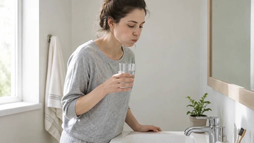 Person gargling warm salt water in a bathroom