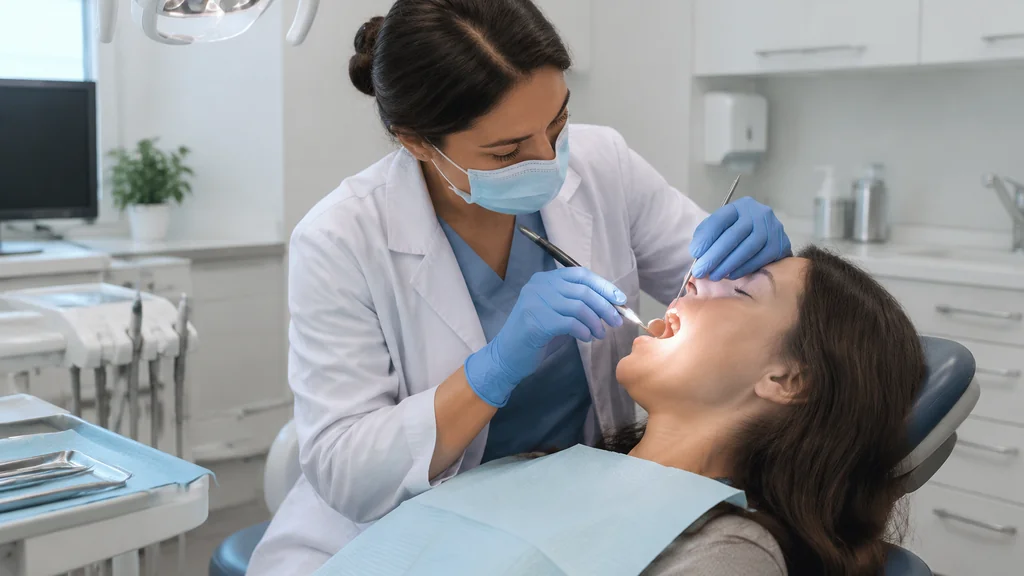 Dentist examining a patient's throat in a clinic
