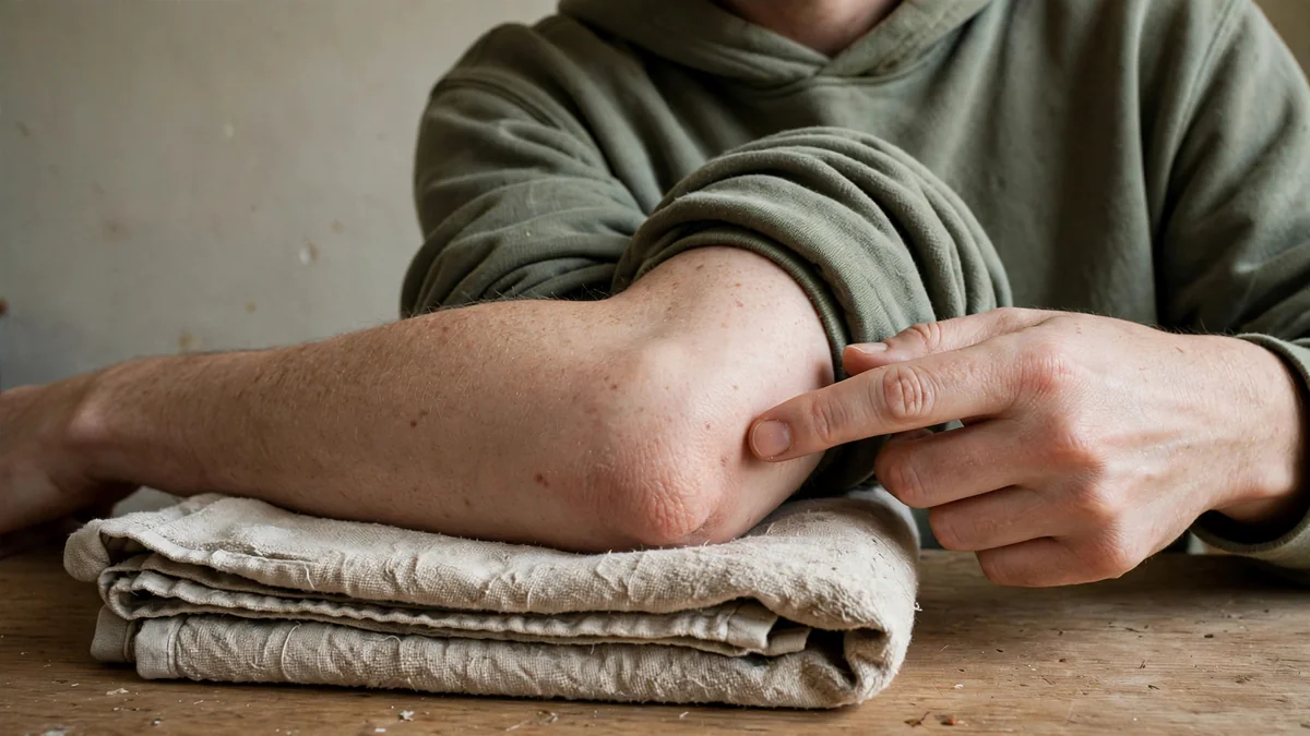Person showing the inner side of the elbow where the ulnar collateral ligament sits