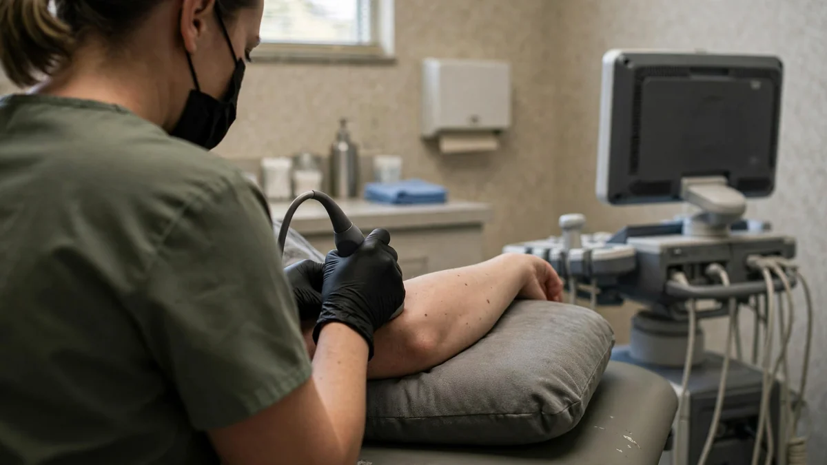 Clinician using ultrasound to examine the inner elbow of a patient