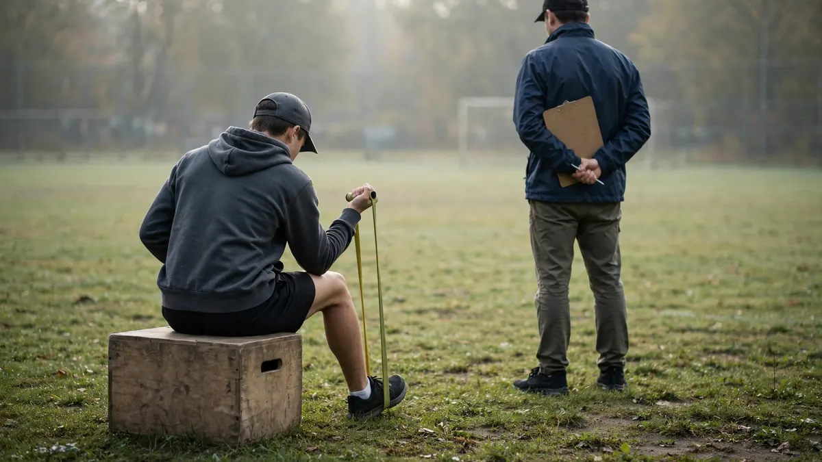 Athlete doing a forearm strengthening exercise with a resistance band on a field